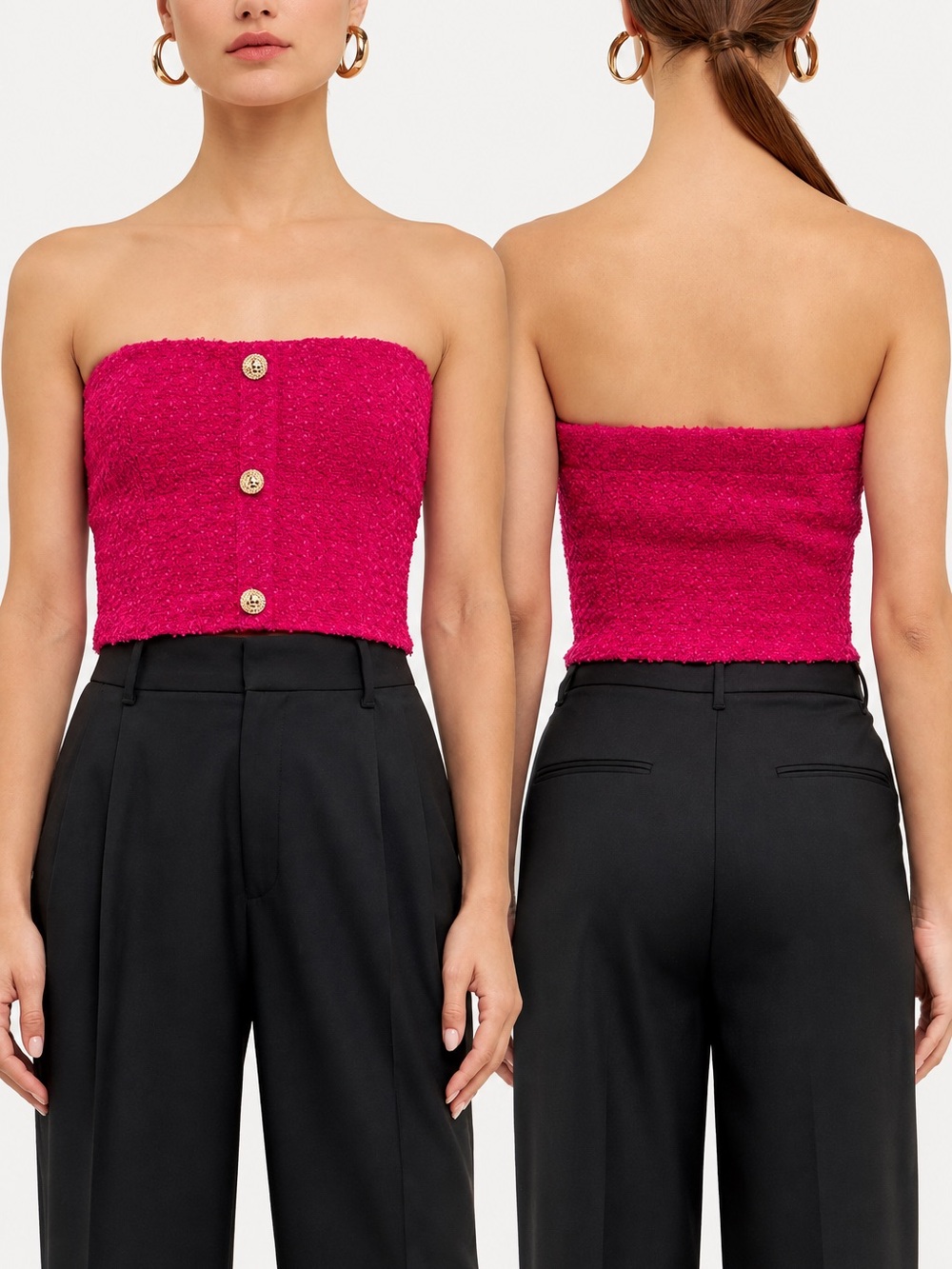 Endless Rose S Berry Pink Boucle Strapless Crop Top Gold Buttons NWT